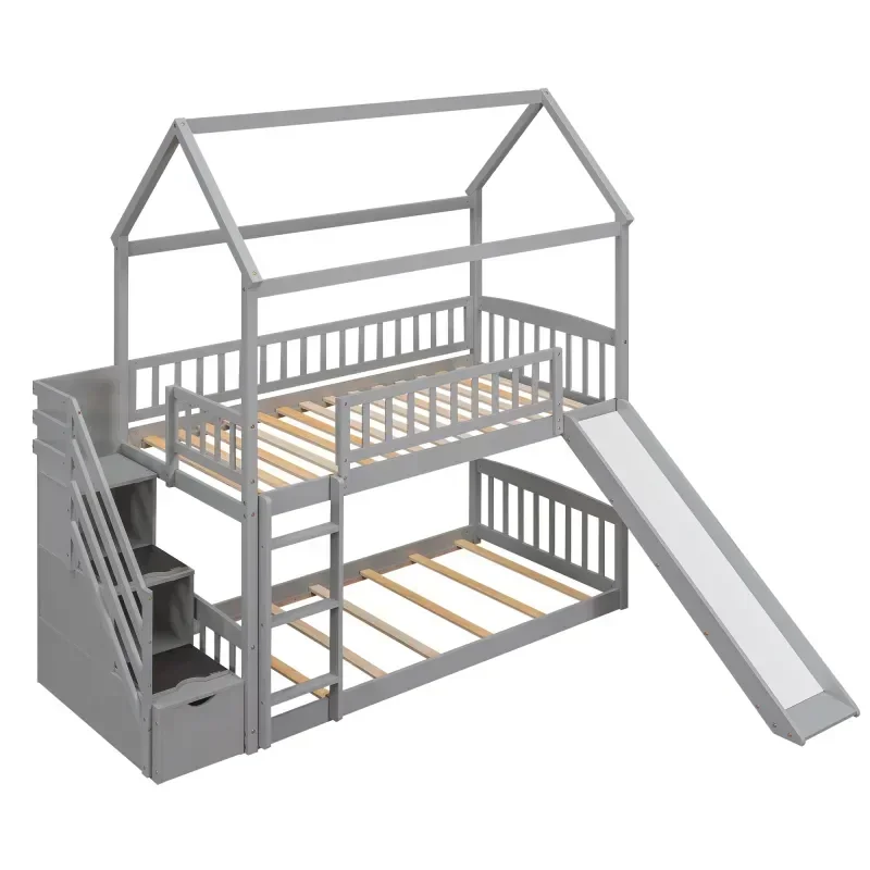Solid wood children's double b - Bunk Bed With Stairs And Slide recension och pris