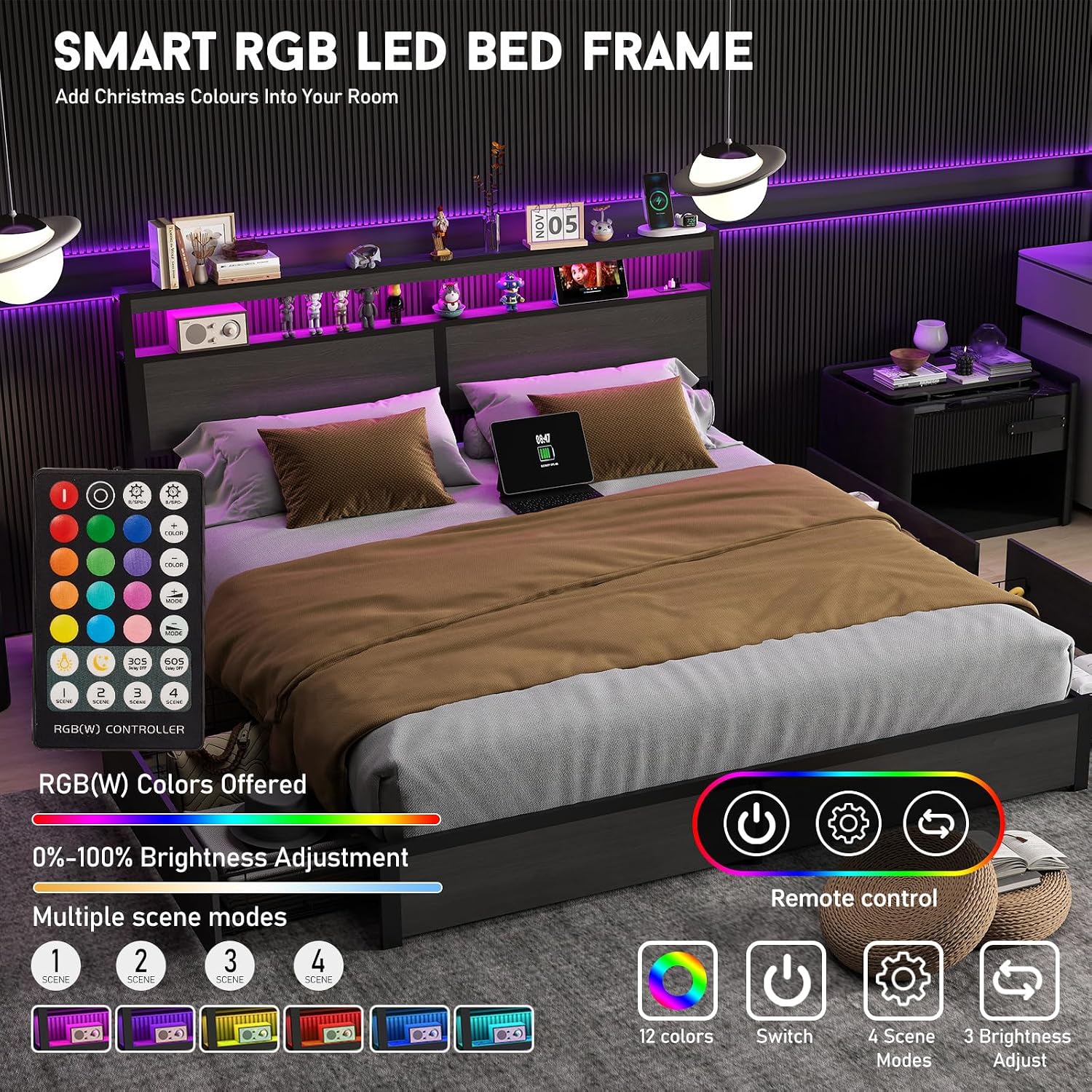 King Size Bed Frame with LED L - King Size Bed Frame With Storage Drawers recension och pris
